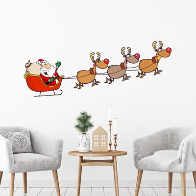 Kerststicker: Vrolijke Kerstman en zijn rendieren - Kerststickers - Feestelijke decoraties - 80x210cm