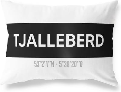 Tuinkussen TJALLEBERD - FRIESLAND met coördinaten - Buitenkussen - Bootkussen - Weerbestendig - Jouw Plaats - Studio216 - Modern - Zwart-Wit - 50x30cm