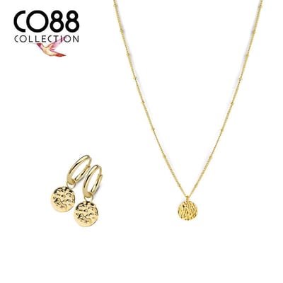 CO88 Collection 8CO-SET080 Stalen Sieradenset - Ketting met Hangertje - Oorringen met Hangertje - Rondje - Bewerkt - 11 mm - Gourmette met Bolletjes - 45 + 5 cm - Goudkleurig