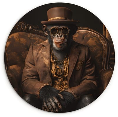 WallCircle® Wandcirkel 120x120 cm - Muurcirkel Chimpansee - Stoel - Pak - Bruin - Muurdecoratie woonkamer - Wanddecoratie slaapkamer - Kamer decoratie accessoires - Ronde schilderijen XXL