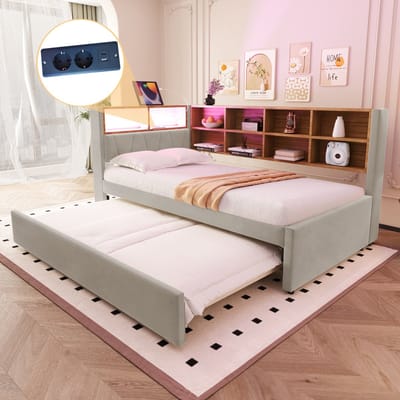 PHOEBE CAT Slaapbank - 90*200 cm - Uitschuifbaar bed - LED-verlichting - Oplaadfunctie - Boekenplank - Lichtgrijs