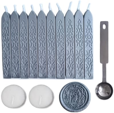 10 Stuks Verzegelwas Sticks met Lont, Inclusief 2 Witte Kaarsen en 1 Smeltlepel voor Trouwhuwelijksuitnodigingen, Kaarten en Enveloppen (Zilver)