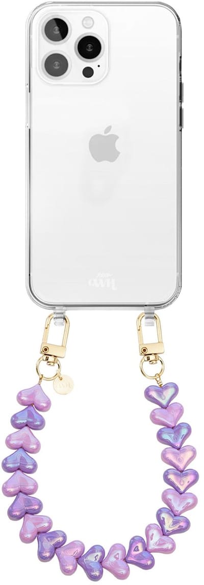 xoxo Wildhearts siliconen hoesje - Geschikt voor iPhone 16 Pro Max hoesje - Funky Hearts (Pink & Purple Metallic) - Telefoonhoesje - Hoesje met koord - Roze en Paars koord - kort telefoonkoord - Hartjes ketting - Transparant hoesje