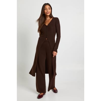 boohoo Dames Longline Cardigan met knopen en Broek met wijde pijpen Co-Ord | Chocolate | Maat: Small