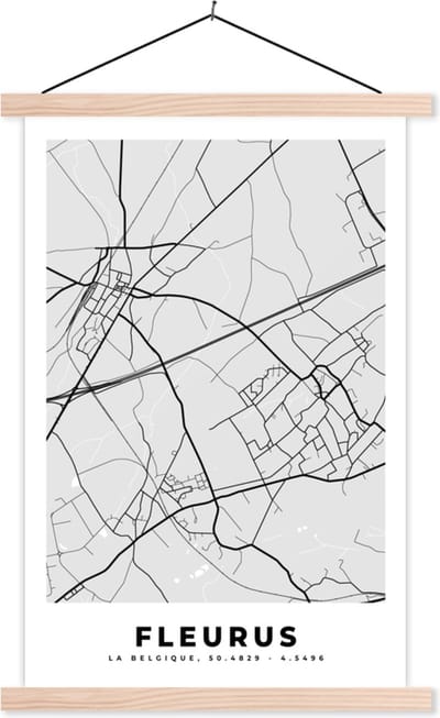 Posterhanger incl. Poster 40x60 cm - Schoolplaat - Zwart Wit – België – Plattegrond – Stadskaart – Kaart – Fleurus - Textielposter - Blanke latten - Stadskaart