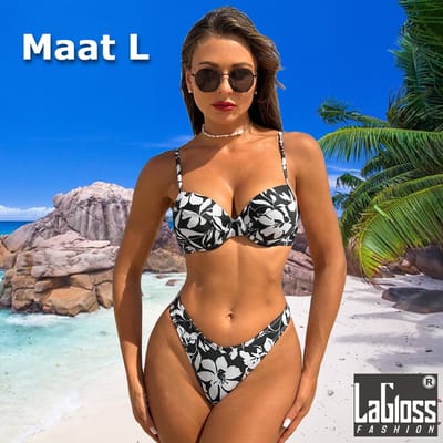 LaGloss® 2-delige Zwart-Witte Bloemenprint Bikini Set - Zomer Strand- en Zwembadkleding - Maat L **