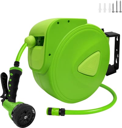 Aufun Slanghaspel met draagbeugel, 30m + 2m Automatische slanghaspel 3/4", Aansluiting 180° draaibaar, Wandmontage, voor tuin, irrigatie, buiten (groen)
