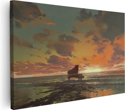 Artaza Canvas Schilderij Zeezicht Piano - 30x20 cm - Klein - Wanddecoratie Zonsondergang - Muurdecoratie Strand - Kamer Accessoires