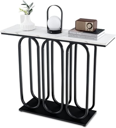 COSTWAY Consoletafel met marmerlook, smalle entreetafel met metalen frame, bijzettafel, voor woonkamer, hal, slaapkamer, ingang, 100 x 30 x 80 cm, wit en zwart, VH33457DE