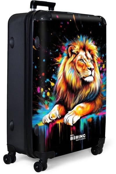 NoBoringSuitcases.com® - Koffer groot - Reiskoffer lichtgewicht - Leeuw met kleurrijke spatten op zwarte achtergrond - Rolkoffer met 4 wielen - Grote trolley XL - 98 liter bagage