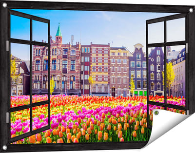 Gards Tuinposter Doorkijk Amsterdamse Huisjes met Tulpen - Kleur - 90x60 cm - Tuindoek - Tuindecoratie - Wanddecoratie buiten - Tuinschilderij