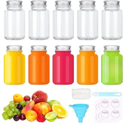 Famanu - Set van 10 glazen shotflessen 80 ml met borstel en trechter, mini-flesjes voor sap en gember – Transparant