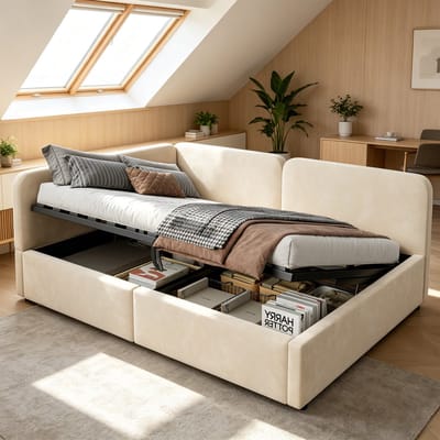 OKWISH Gestoffeerd Slaapbankbed 140x200 cm - Met Hydraulische Opbergruimte - Omkeerbaar Hoofdeinde - Zonder Matras - Fluweel - Beige