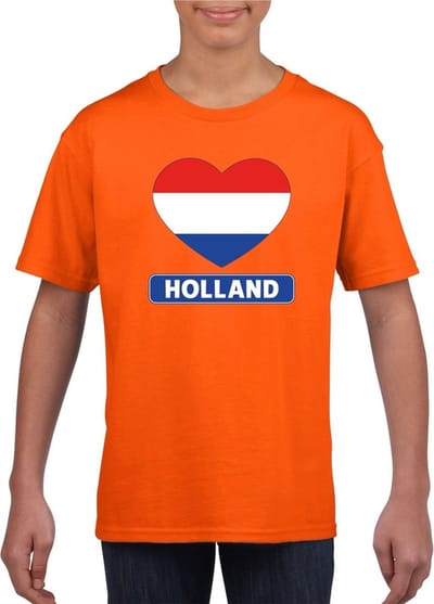 Oranje Holland hart vlag shirt kinderen - Oranje Koningsdag/ Holland supporter kleding 110/116