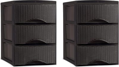Plasticforte thuis kantoor organizer ladeblok - 2x - 3 lades - 26 x 37 x 37 cm - donkerbruin