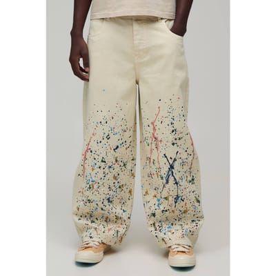Barrel-pijp Broek Met Gebogen Naad En Verfspetters | Ecru | Size Small