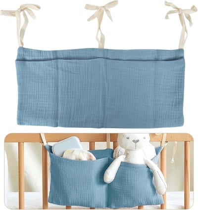 Famanu – Cabine Bedrand - Opbergvak - Hangende Opbergtas - 100% Katoen - 2 Zakken Bedrand Hangend - Luier Babykamer Organizer voor Kleding Luiers Kwijl Slabbetjes Bijtring Speelgoed