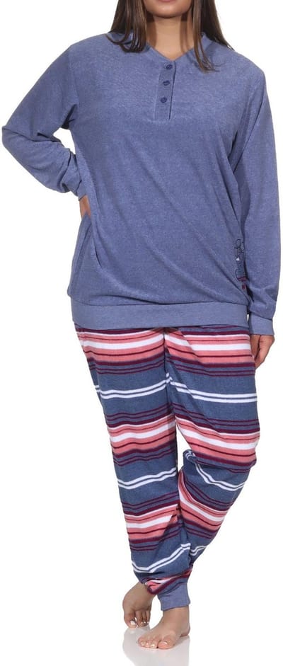 Dames badstof pyjama lange mouw met manchetten - broek gestreept - ook in overmaten