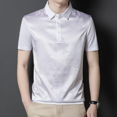 Korte mouw T-shirt van Moerbeizijde voor Mannen op Middelbare Leeftijd, Casual Polo met Zijden Kraag, Dun Trendy IJszijde Top met Korte Mouwen 2XL white