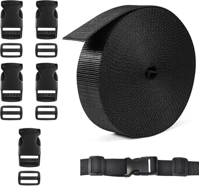 Gordelband met gesp, 5 m x 25 mm, nylon riem, 5 paar gespen, zware riemen, zelfhandwerk, rugzak, omsnoering, tas, bagagebevestiging, zwart, 6 Maanden