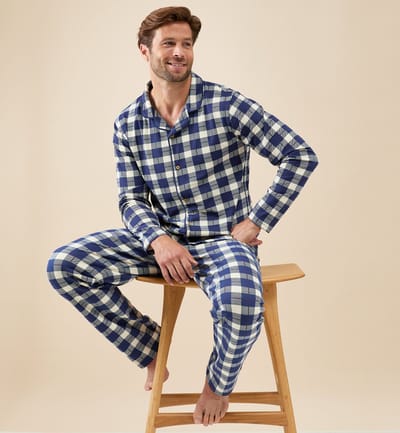 Little Label - jules klassieke pyjama heren - grote ruit donkerblauw S/46 - extra zachte bio-katoen