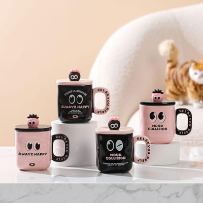 Cartoon Blackberry Framboos Hoog Mooie Mok met Deksel Lepel Souvenir Kantoor Keramische Kop Meisje Leuke Kopstel 350ML white