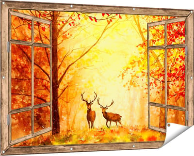Gards Tuinposter Doorkijk Getekende Herten in het Bos - Herfst - 150x100 cm - Tuindoek - Tuindecoratie - Wanddecoratie buiten - Tuinschilderij