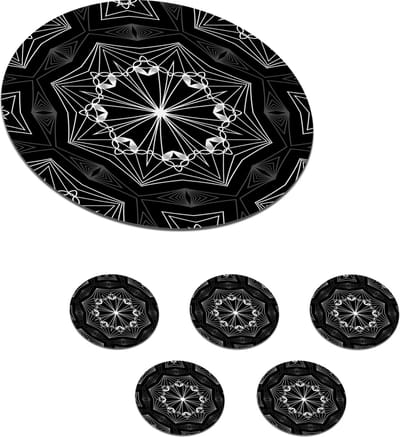 Onderzetters voor glazen - Rond - Bloemen - Design - Zwart - Wit - Geometrie - 10x10 cm - Glasonderzetters - 6 stuks