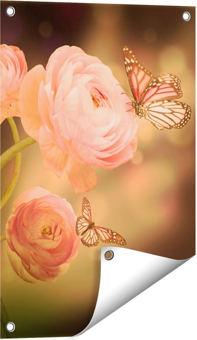Gards Tuinposter Twee Roze Vlinders bij Roze Rozen - 40x60 cm - Tuindoek - Tuindecoratie - Wanddecoratie buiten - Tuinschilderij