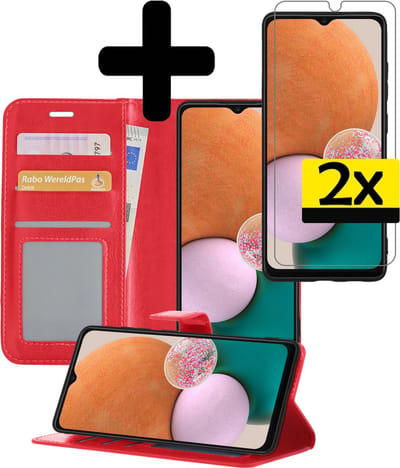 Hoesje - Met 2x Screenprotector - Geschikt voor Samsung Galaxy A13 5G - Luxe Pasjeshouder - Bookcase Portemonee - Flip Case - Kunstleer Book Case - Flipcase Hoes - Book Cover - Walletcase - Portemonneehoes - Telefoonhoesjes - Rood