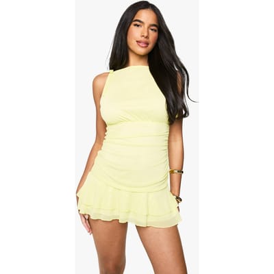 boohoo Dames Mini-jurk met vierkante halslijn en geruched mesh | Citroen | Maat: 36
