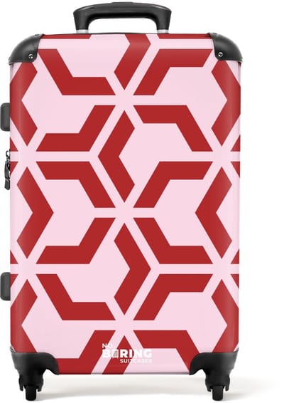 NoBoringSuitcases.com - Grote koffer - Geometrisch patroon in rood op een lichtroze achtergrond - Reiskoffer met 4 wielen - Trolley op wieltjes - Rolkoffer groot - 72 liter - Ruimbagage valies 20kg - Valiezen voor volwassenen