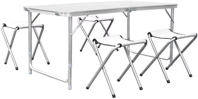Kampeertafel 5-delig - Opvouwbaar - Klaptafel - Voor Camping en Tuin - Inklapbaar met 4 Krukken - Aluminium 120 cm - Wit