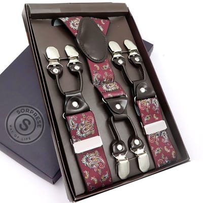 Sorprese - Luxe Chique Bretels - Bordeaux Paisley - Zwart Leer - 6 Stevige Clips - Bretels Heren Volwassenen - Inclusief Cadeaudoos