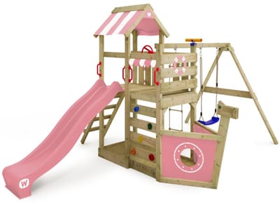 Wickey SeaFlyer Speeltoestel - Schommel en Touwladder met Glijbaan - Klimwand & Zandbak - 367x451x260 cm - Pastelroze