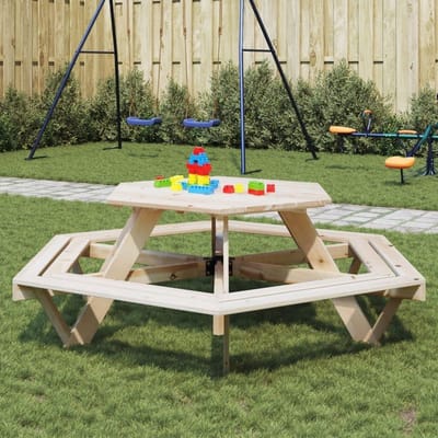 Picknicktafel Bamboe - Buitenmeubel - Gezellig buiten zitten - Zeshoekige banken - Voor 6 personen - Houtkleurig