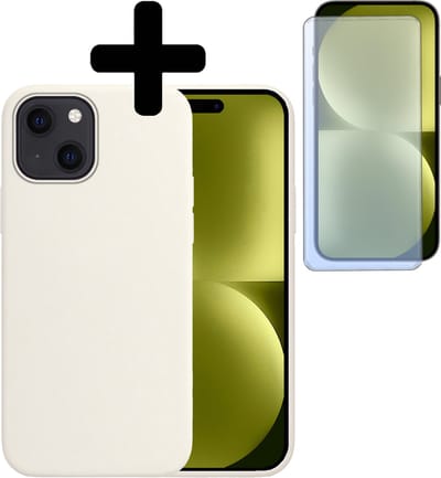 Hoesje - Met Screenprotector - Geschikt voor Apple iPhone 15 - Sterk & Shockproof - Back Cover - Siliconen Case - Telefoon Hoes - Telefoonhoesjes - Wit
