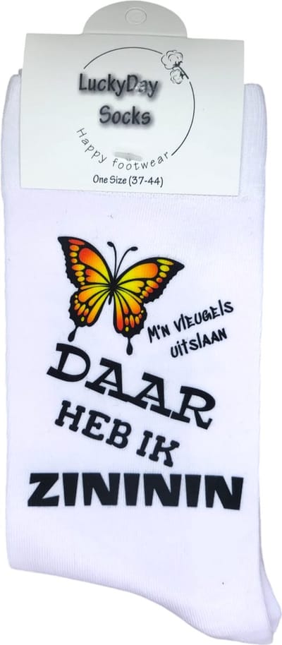 Zininin - Vlinder Sokken - Zelfstandig worden - Op je zelf wonen - Verhuizen - Verjaardags cadeau vrouw en man - vrolijke sokken - Valentijns cadeau - Witte sokken met tekst - grappige sokken - leuke dames en heren sokken