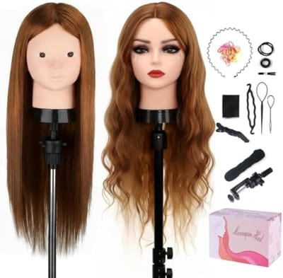 Professioneel Oefenhoofd met Echt Haar 23,5 Inch voor Kappersopleiding en Haarstyling - Inclusief Tafelklemstandaard en Vlechtenset - Lichtbruin