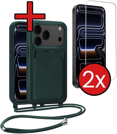 Hoesje Geschikt voor iPhone 17 Pro / 18 Pro Hoesje Met Telefoonkoord en Pasjeshouder Met 2x Screenprotector Siliconen - Hoes Geschikt voor iPhone 17 Pro / 18 Pro Hoesje Met Kaarthouder Case - Donkergroen