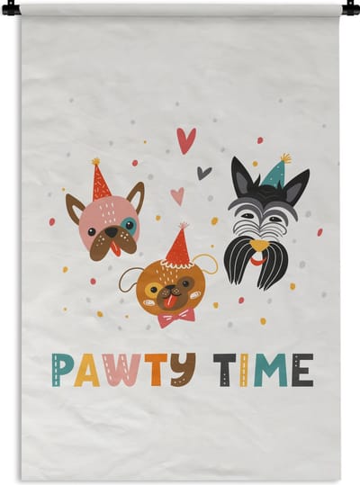 Wandkleed - Wanddoek - Quotes - Spreuken - Pawty time - Honden - 120x180 cm - Wandtapijt