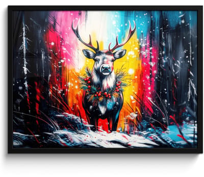 Poster in lijst - Fotolijst 70x50 cm - Posters - Rendier - Gewei - Krans - Kleurrijk - Posterlijst zwart - Decoratie - Wanddecoratie woonkamer - Muurdecoratie slaapkamer