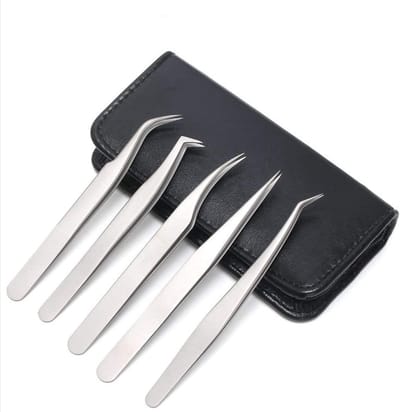 Precisie Pincetten - Wimper Pincet - Wimperverlenging Aanbrengen - Roestvrij Staal Set - 5 Delig - Zilver