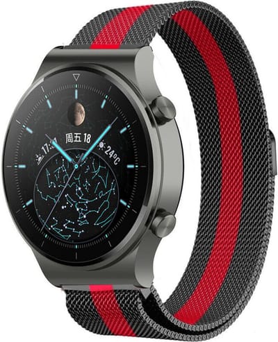 Strap-it Smartwatch bandje Milanese - geschikt voor Huawei Watch GT / GT 2 / GT 3 / GT 3 Pro 46mm / GT 4 46mm / GT 5 (Pro) - 46mm / GT 4 46mm / GT 2 Pro / GT Runner / Watch 3 - Pro / Watch 4 (Pro) / Watch Ultimate - Zwart/rood