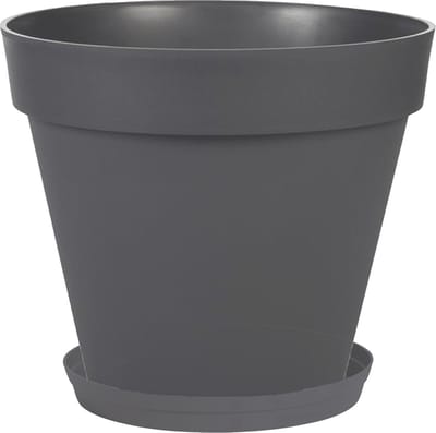 Bloempot Toscane kunststof antraciet D30 x H26 cm inclusief onderschaal D23 cm - Bloempotten/plantenpotten set