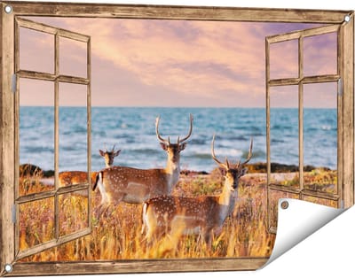 Gards Tuinposter Doorkijk Drie Herten aan de Zee tijdens Zonsondergang - 90x60 cm - Tuindoek - Tuindecoratie - Wanddecoratie buiten - Tuinschilderij