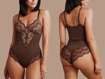 Shapewear bodysuit - bruin - lace / mesh - kant - stijlvol en sexy - elegant - corrigerend - comfortabel - rekbaar - korset - spandex / nylon - zandloperfiguur - shaping - bodystocking