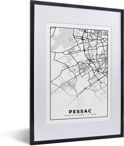 Fotolijst incl. Poster Zwart Wit- Kaart - Stadskaart - Frankrijk - Plattegrond - Pessac - Zwart wit - 30x40 cm - Posterlijst
