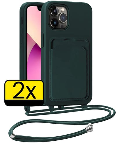 Hoesje Geschikt voor iPhone 13 Pro Telefoonhoesje Met Koord Case Pashouder Siliconen - Hoes Geschikt voor iPhone 13 Pro Hoesje Met Kaarthouder - Donkergroen - 2 Stuks