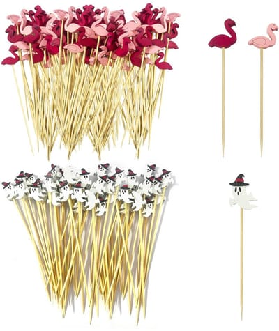 Dailygoods- Spiesen 12 cm - Houten Cocktaildecoratie - 200 Stuks - Flamingo/Spook - Tweekleurige Prikkers - Feestdecoratie - Cocktailprikkers